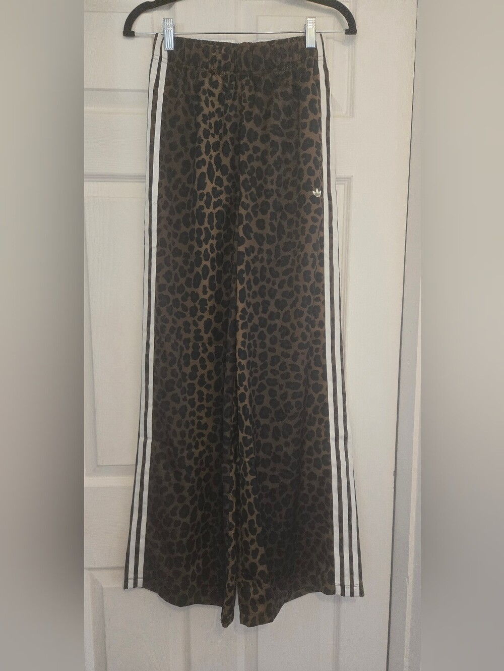adidas Leopard Print Wide Leg Track Pants with White Side Stripes